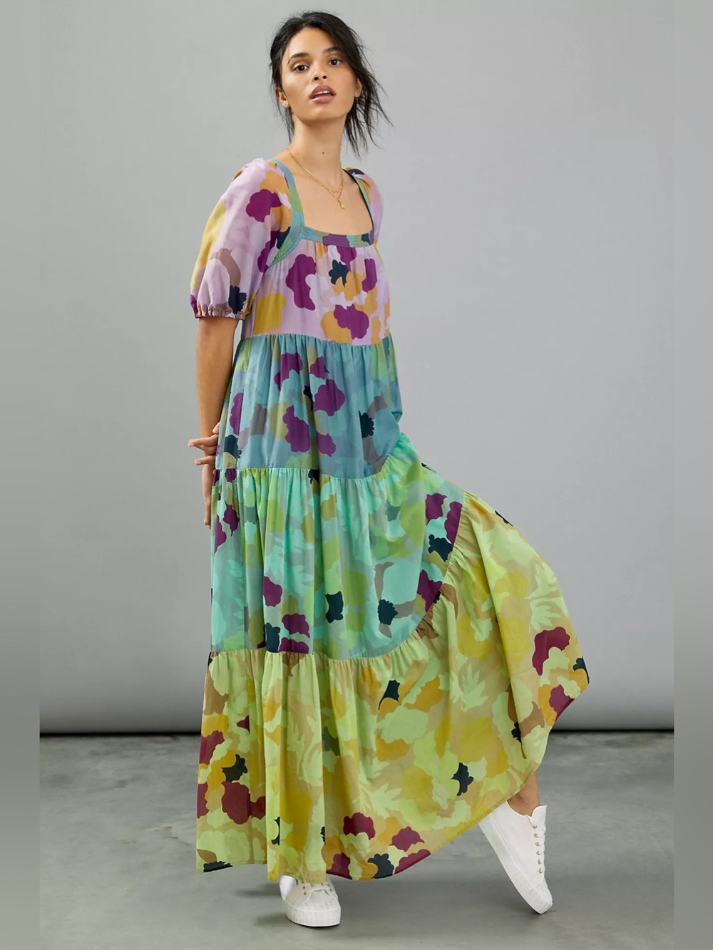 Anthropologie Caroline Tiered Maxi Dress Floral Cotton Silk Petite XSP